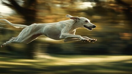 A White Dog Leaping Through a Blurred Landscape