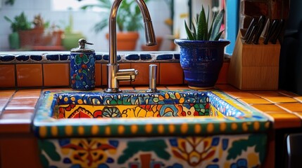 Fototapeta premium Colorful hand-painted ceramic sink in a vibrant kitchen.