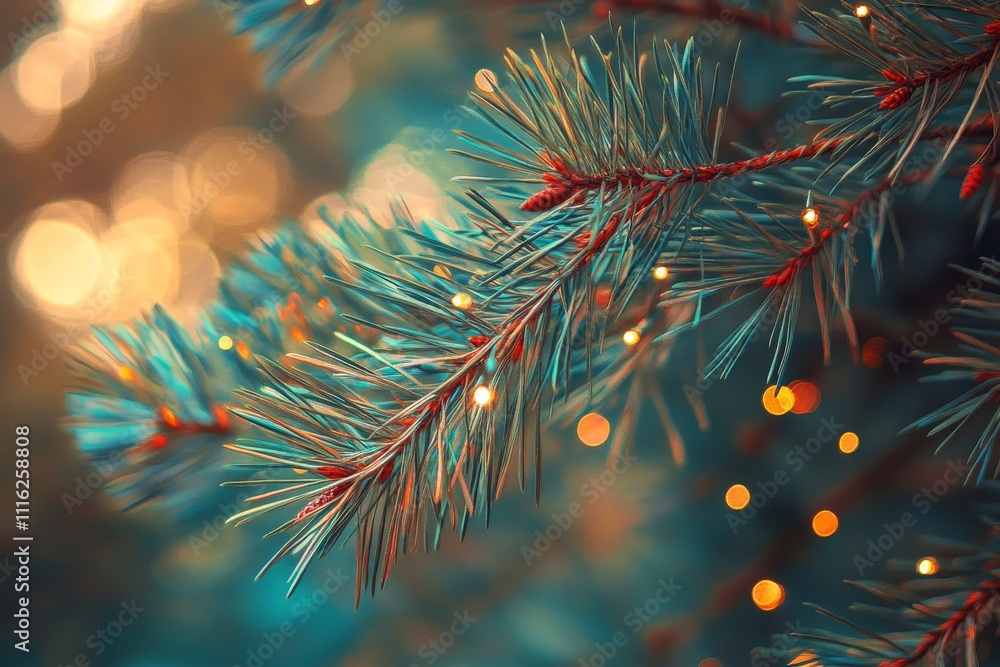 Aufkleber close-up of pine branch with soft focus christmas lights in background creating a festive and holida