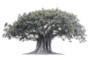 An ancient banyan tree with thick aerial roots and a broad canopy, creating a unique silhouette against a bright white background.
