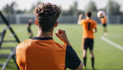 The coach leads a soccer practice session outdoors, carefully observing players as they engage in various exercises aimed at boosting their performance levels.