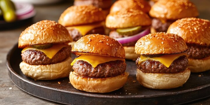 Delicious mini burgers featuring cheese, onion, and pickle make for the perfect snack. These mini burgers are a crowd pleaser, ideal for parties or casual gatherings with friends.