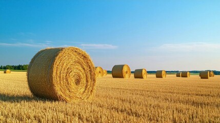 A serene landscape featuring hay bales in a golden field under blue skies.