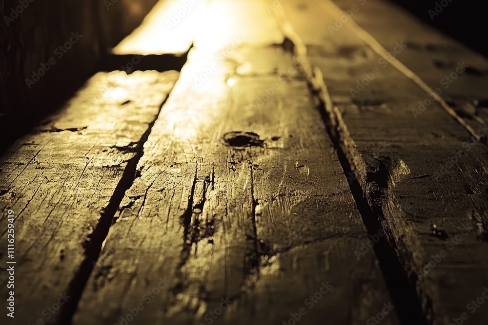 Poster close-up of weathered wooden planks reflecting soft light in a rustic setting with intricate texture