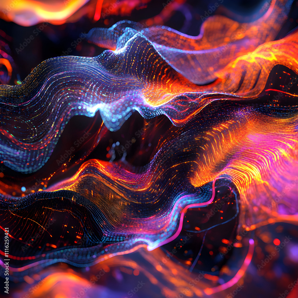 Poster dynamic light patterns abstract space digital art vibrant environment close-up perspective visual co