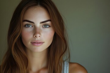 Naklejka premium Youthful Woman Headshot Soft Makeup Healthy Skin Long Hair