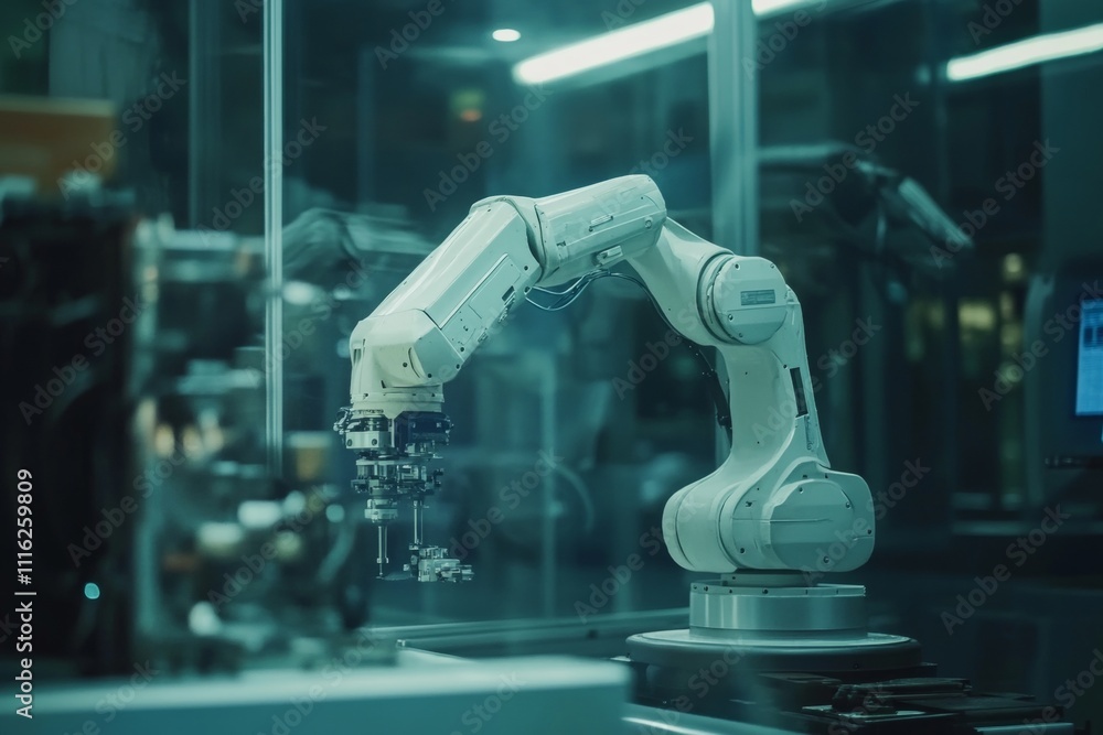 Poster advanced robotic arm in high tech smart factory embracing the future of industry 4.0 innovation