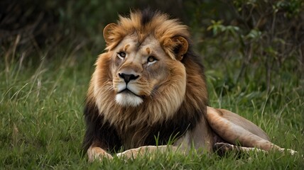 Obraz premium Majestic Male Lion Resting on Grass