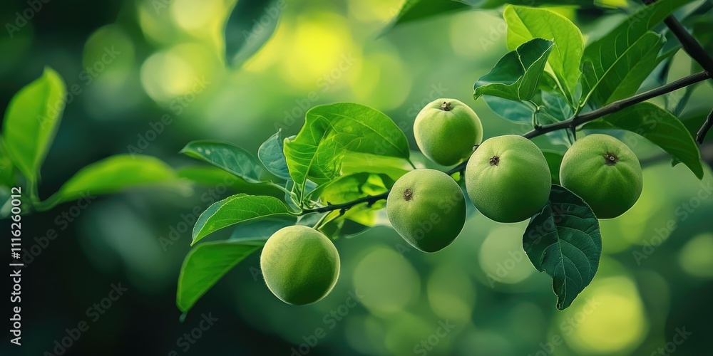 Poster lush green guava tree captured with stunning bokeh mode, showcasing the vibrant green hues and delic
