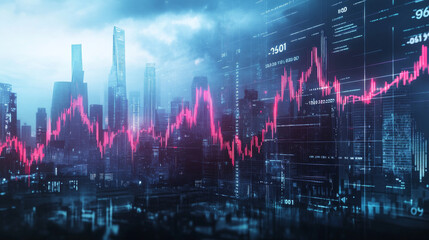 Naklejka premium Economic crisis concept shown by declining graphs and digital indicators overlap modernistic city background. Double exposure.