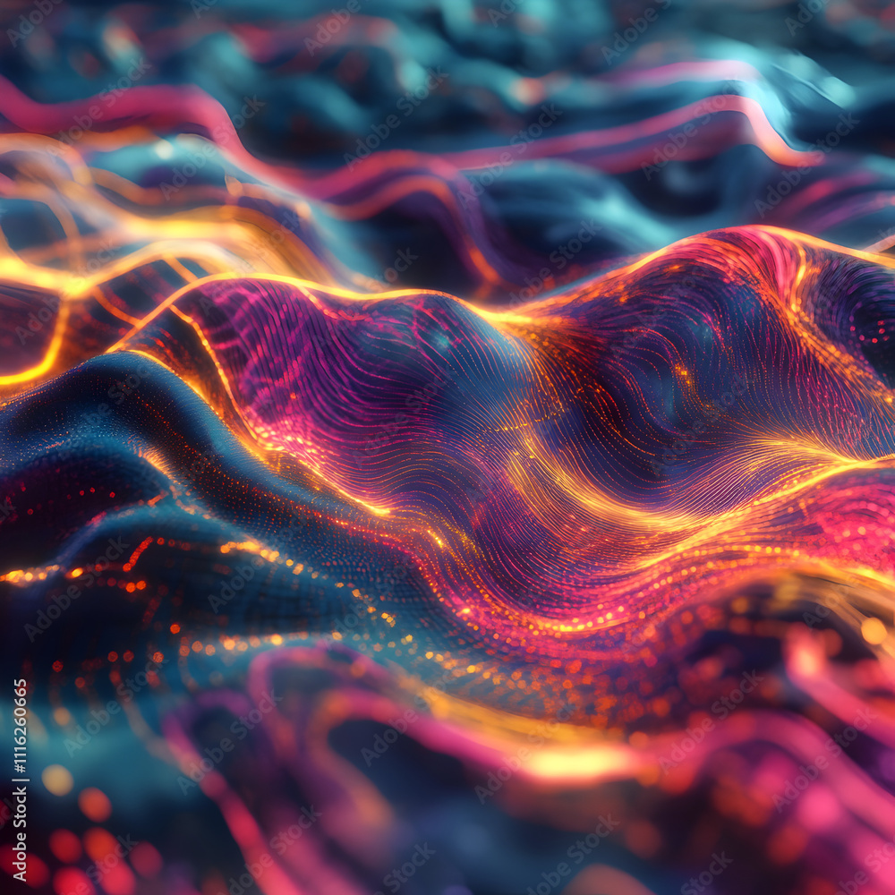 Poster dynamic waves of colorful light abstract digital art virtual space vibrant environment close-up view