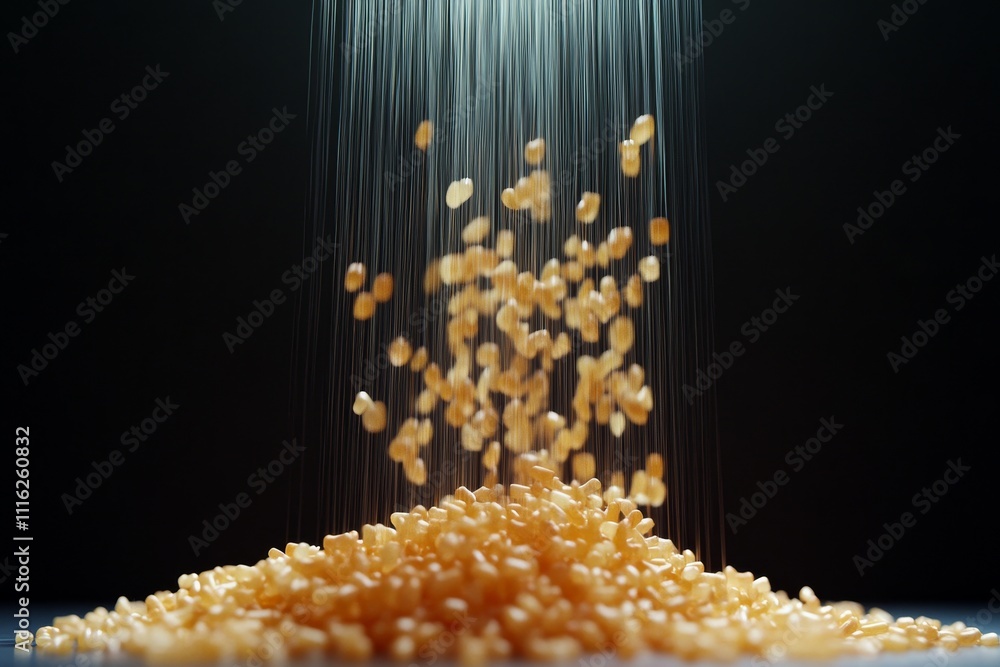 Poster close-up view of dropping yellow corn kernels on a dark background with dramatic lighting creating a