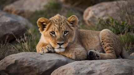 Fototapeta premium Lion Cub Resting on Rocks in Natural Habitat