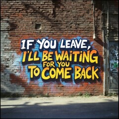 graffiti on wall if you leave ill be waiting appears in bold white and yellow letters against weathered brick wall creating urban poetry with emotional message