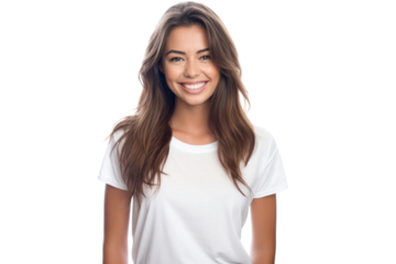 A young happy woman with long brown hair, wearing a casual white t-shirt, smiling directly at the camera.