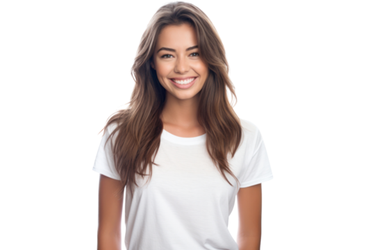 A young happy woman with long brown hair, wearing a casual white t-shirt, smiling directly at the camera.