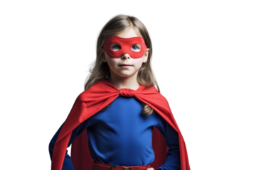 A young girl dressed in a bright red cape and blue costume, standing confidently with her hands on her hips, showcasing a superhero pose. Her hair is styled in playful pigtails