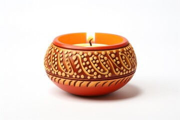 A beautifully crafted diya lamp made of clay, featuring intricate designs and a smooth finish. The lamp is filled with oil and has a single cotton wick