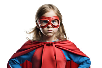 A young girl dressed in a bright red cape and blue costume, standing confidently with her hands on her hips, showcasing a superhero pose. Her hair is styled in playful pigtails