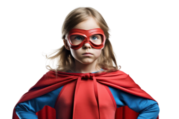 A young girl dressed in a bright red cape and blue costume, standing confidently with her hands on her hips, showcasing a superhero pose. Her hair is styled in playful pigtails
