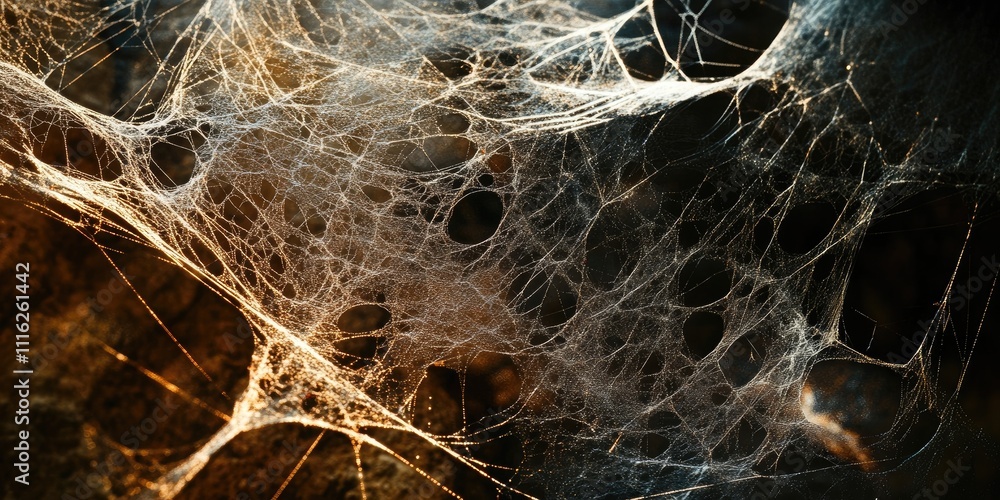 Poster closeup view of a large spider web showcasing accumulated dirt, revealing the intricate patterns and