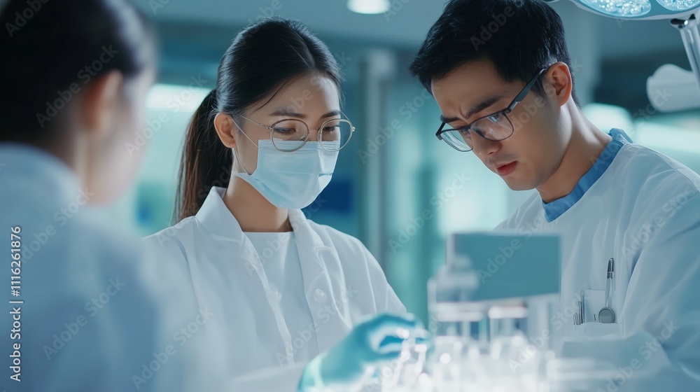 Poster research team collaborates in laboratory to analyze samples and conduct experiments during daylight 