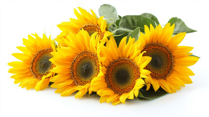 Naklejka premium Five yellow sunflowers on an isolated white background. 