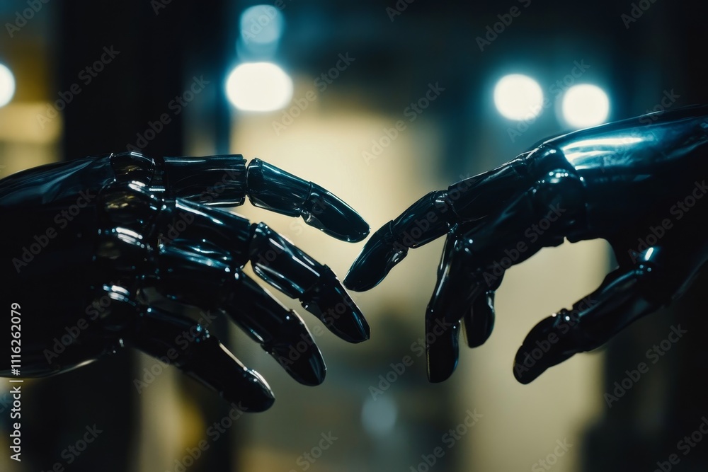 Poster close-up view of two robotic hands reaching towards each other, symbolizing connection and collabora