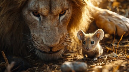 Powerful close-up of lion and mouse in golden sunlight. Surreal juxtaposition creates...