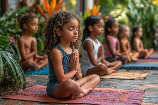 Children engage in peaceful yoga practice in a natural setting