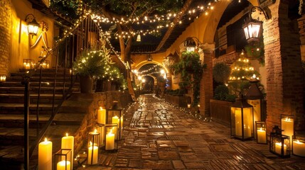 Obraz premium Elegant classic home entrance featuring antique staircase and festive christmas decorations