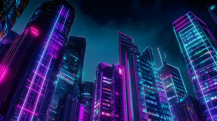Obraz premium Sci-fi Metropolis with Purple and Cyan Neon lights. Night scene with Visionary Skyscrapers.