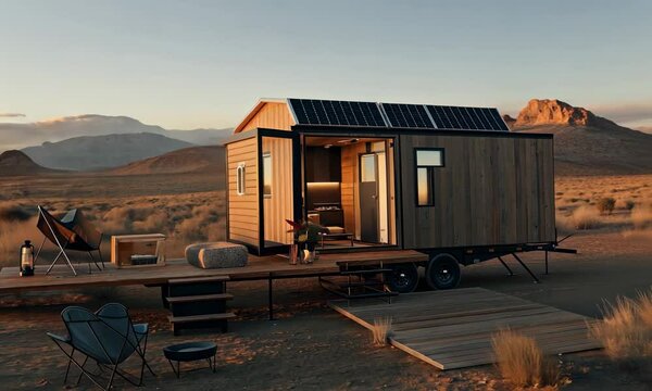 Modern tiny house with solar panels on a trailer in a desert landscape at sunset, featuring outdoor seating and a wooden deck.