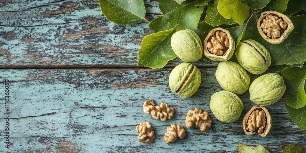Poster fresh walnuts in green shells displayed alongside walnut kernels on a rustic wooden table. discover 