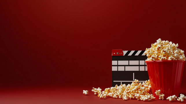 A movie clapperboard and a spilling bucket of golden popcorn placed on a bold red background, leaving ample empty space for text