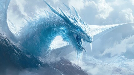 A majestic ice dragon emerges from clouds, showcasing its icy features.
