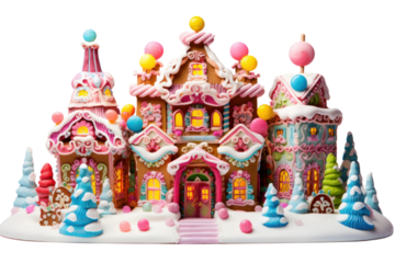 A whimsical gingerbread house artfully decorated with vibrant icing, featuring intricate designs and colorful edible decorations. The scene includes a snowy landscape made from coconut flakes 
