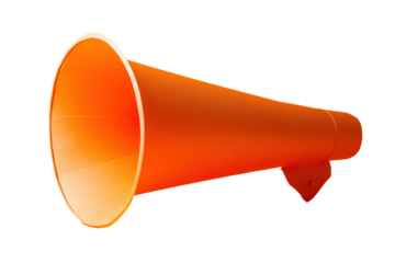 A vibrant orange background featuring a large paper cup transformed into a megaphone, symbolizing the concept of 'Refer a Friend'. The megaphone is angled slightly upward