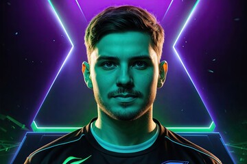 Obraz premium Portrait of an elite eSports champion illuminated in green and purple hues, showcasing triumph and play.