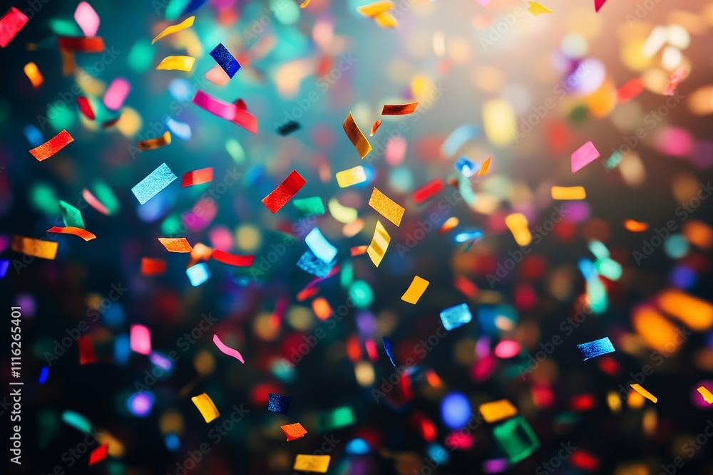 Poster colorful confetti falling against a soft-focus background, creating a festive atmosphere with vibran