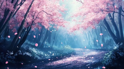 A serene pathway through a cherry blossom forest, evoking tranquility.