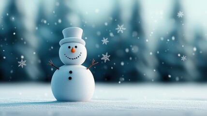 A cheerful snowman stands in a snowy landscape, surrounded by falling snowflakes and evergreen trees, embodying the spirit of winter.