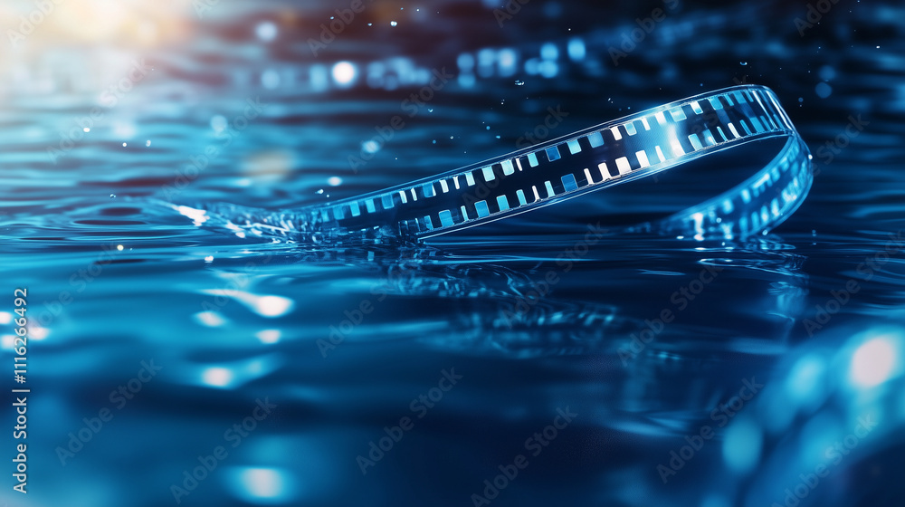 Aufkleber an abstract background of rippling water-like patterns with a translucent film strip floating gracef
