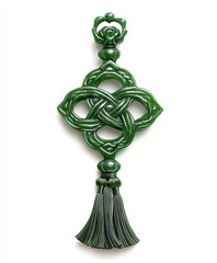 Decorative Chinese knot with jade charms and tassels, isolated on a white background