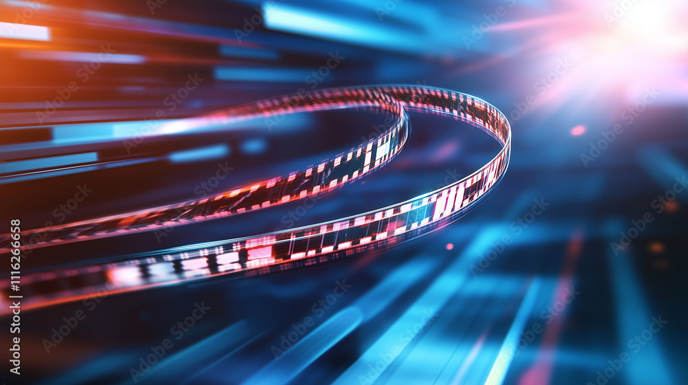 Poster a dynamic design of a spiraling film strip on a bold abstract background with sharp lines and vibran
