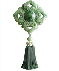 Decorative Chinese knot with jade charms and tassels, isolated on a white background