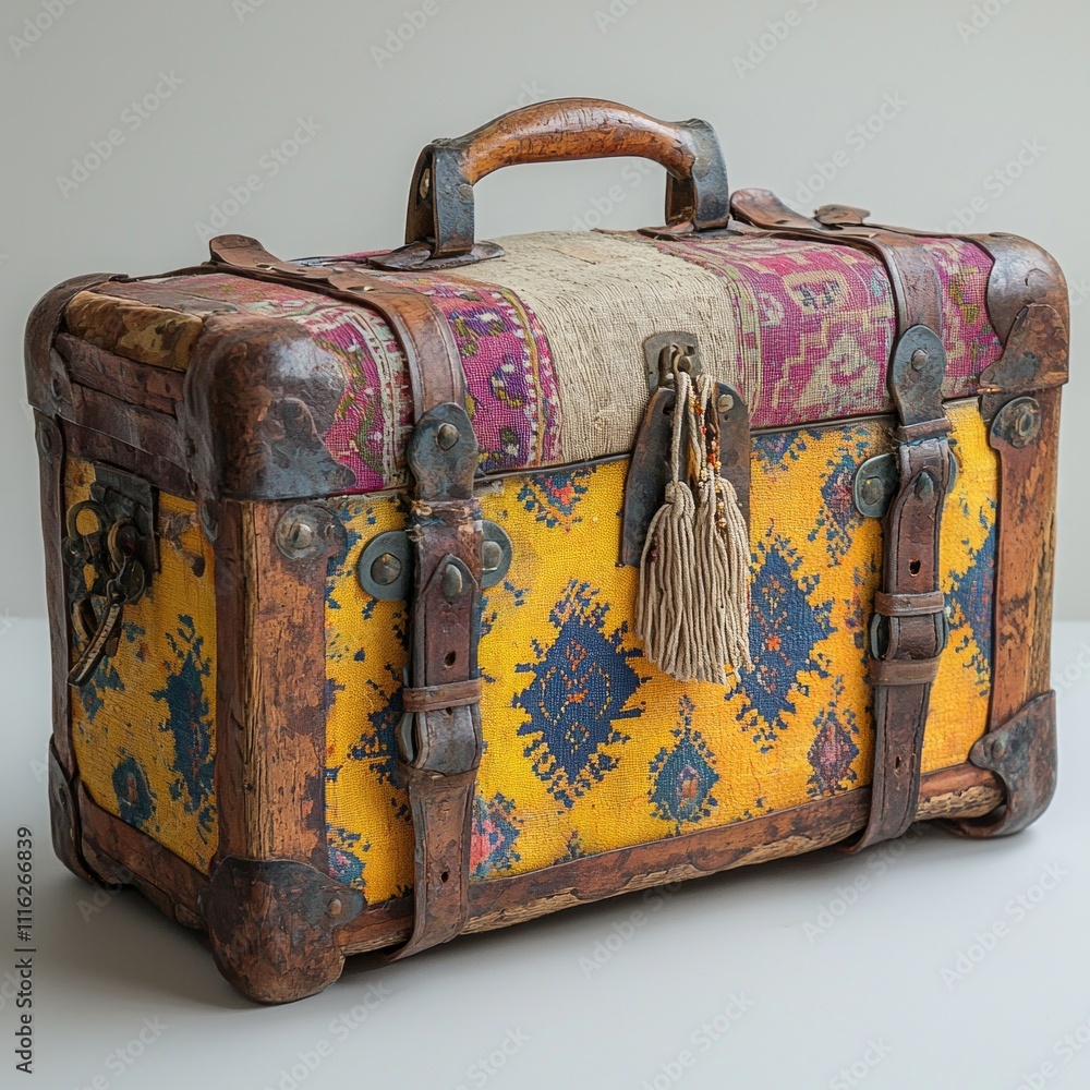 Poster unique suitcase showcases eclectic boho style vibrant colors and intricate patterns. its handcrafted