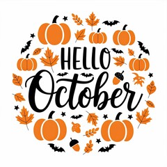 Festive October Greeting with Pumpkins, Bats, and Autumn Leaves in Circular Design