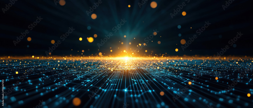 Aufkleber a mesmerizing digital landscape featuring glowing particles and light rays emanating from a central 