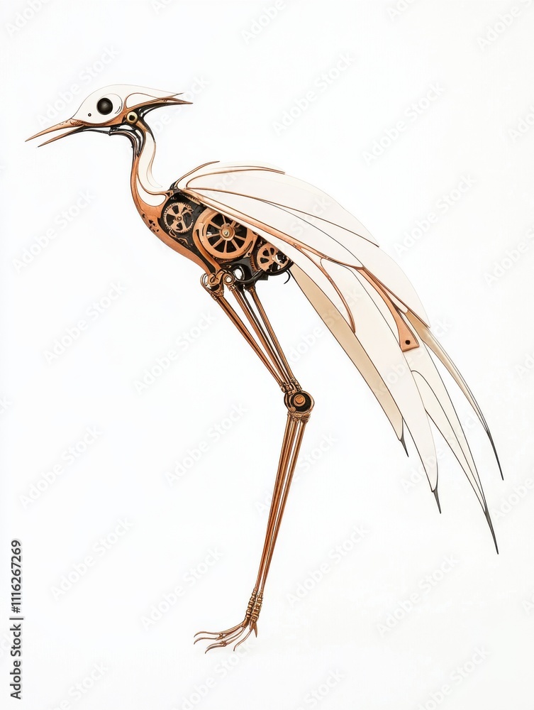 Poster mechanical bird with intricate gears and minimalist design
